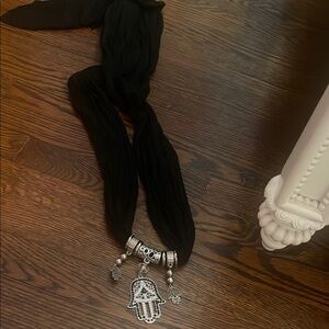 Black and Silver Women's Scarf with Hamsa Pendant